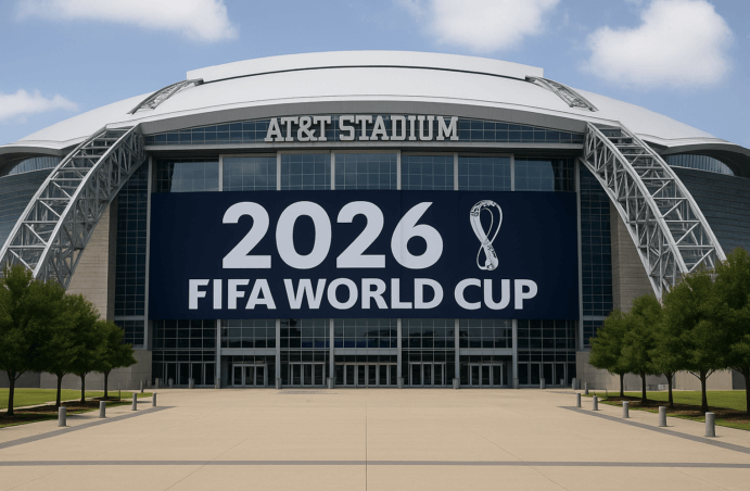 The frontal view of the AT&T Stadium in Arlington Texas showing a banner for the 2026 FIFA World Cup is shown in file photo. Arlington braces for 'Super Bowl'-type vibe with World Cup 2026