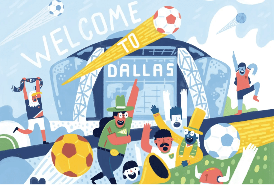 An animated image of the city of Dallas welcoming tourists for the FIFA World Cup 2026 is seen in file photo. Arlington braces for 'Super Bowl'-type vibe with World Cup 2026