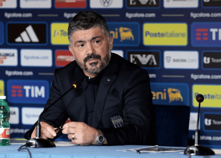 Gennaro Gattuso fields questions at a news conference after he was named as Italy manager.
