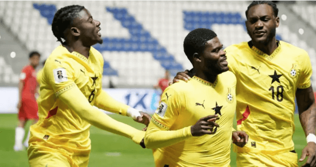 Three players from Ghana's men's national football team, also known as "Black Stars" share a light moment in the field after a match in file photo. Ghana football legend 'convinced' Black Stars to reach World Cup
