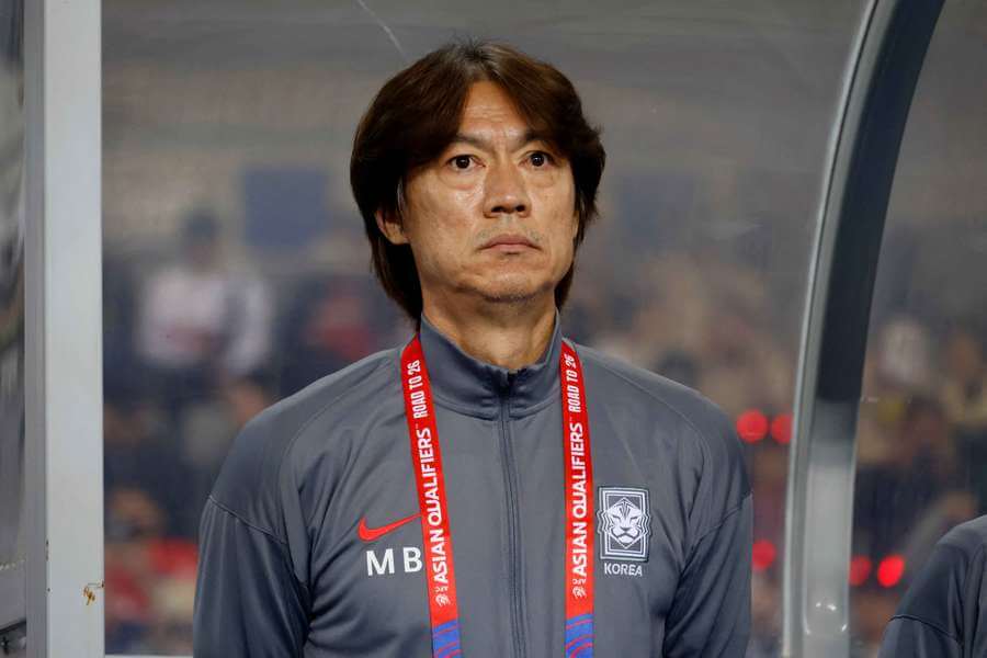 Coach Hong Myung-bo was in deep thought as he looks at the crowd at a match in file photo. S.Korea gets World Cup 2026 spot; Hong 'more prepared' to lead