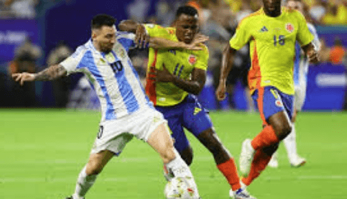 Superstar Lionel Messi (10, left) tries to protect the ball from two Colombian defenders as he started for Argentina in their FIFA World Cup 2026 qualifying match on Tuesday. Almada strike forces draw for Argentina vs Colombia; Messi starts