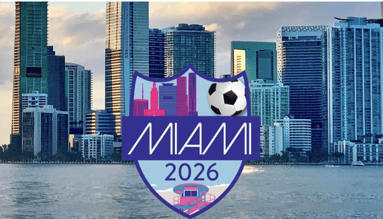 The logo of Miami 2026 World Cup hosting is featured in a promotional material in file photo. Dallas, Florida eye safety, opportunities in FIFA World Cup hosting