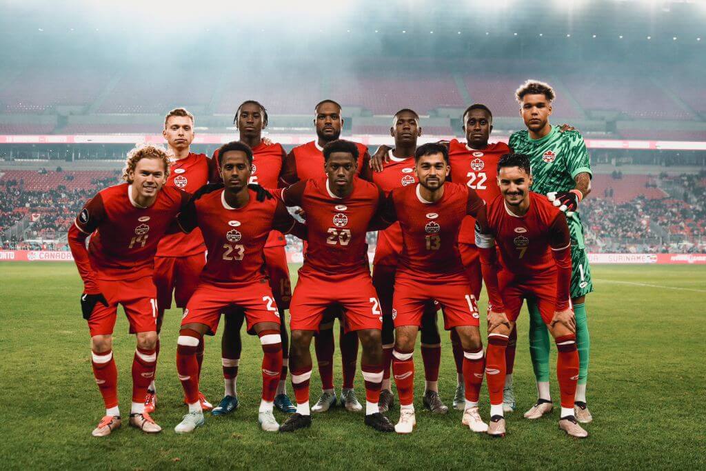 Members of Canada's men's national football team pose in the field after a match in file photo. Canada Soccer eyes more Reds' home games before World Cup