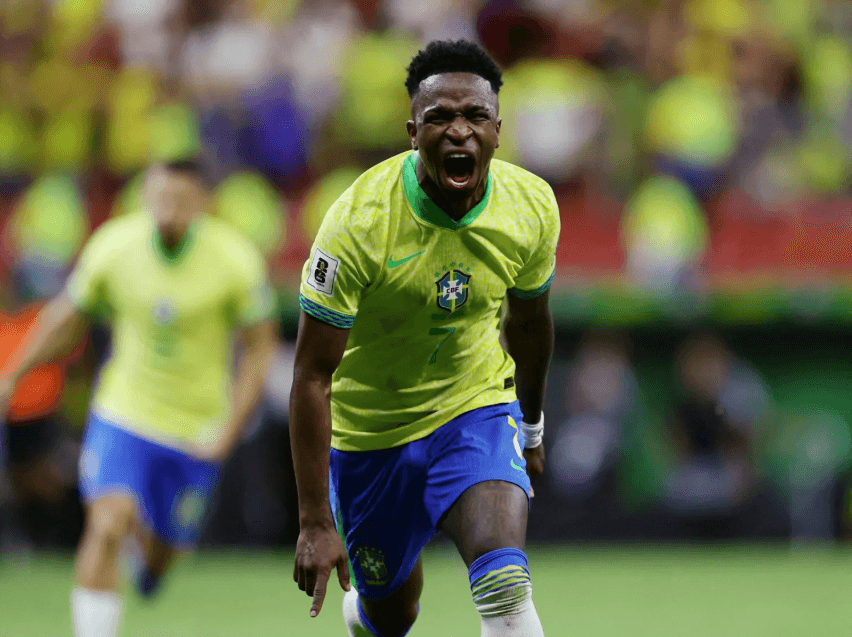 Vinicius Jr lets out a roar while playing for Brazil in file photo.