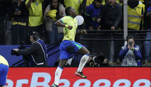 Striker Vinicius Junior jumps in celebration after he scored the winning goal for Brazil against Paraguay in their FIFA World Cup 2026 quaifying match on Tuesday. Brazil vs Paraguay sees Selecao reach World Cup on Vinicius goal