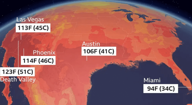 A map showed weather tem[eratures on different US states in a 2023 BBC Weather-NOAA tile photo. FIFA World Cup 2026 could be 'most climate changing': report
