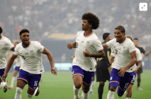 Players from USMNT, led by Chris Richards (3, middle) run the field after Richards' goal against Mexico in the CONCACAF Gold Cup final on Sunday. USMNT shifts focus to FIFA World Cup 2026 after Gold Cup loss