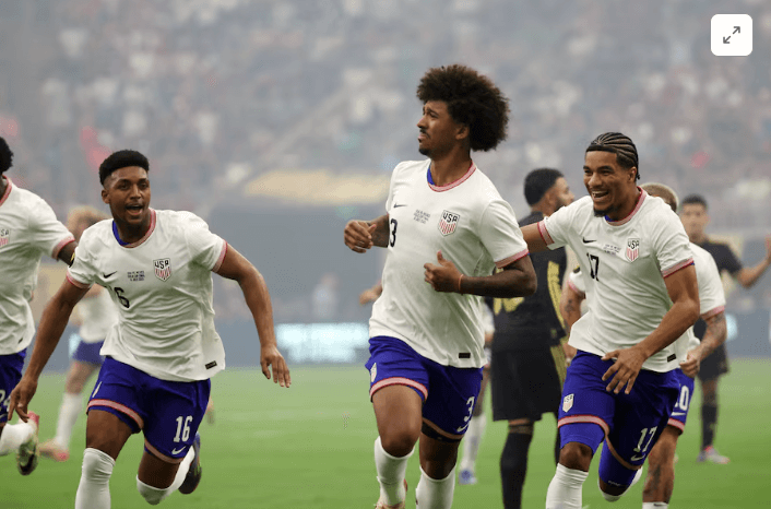 Players from USMNT, led by Chris Richards (3, middle) run the field after Richards' goal against Mexico in the CONCACAF Gold Cup final on Sunday. USMNT shifts focus to FIFA World Cup 2026 after Gold Cup loss