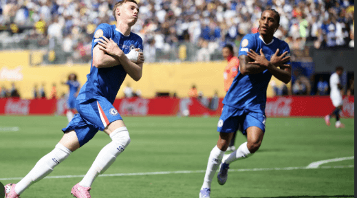 Cole Palmer (left) and Joao Pedro (right) display the "shrug" look as they celebrate The Blues' 3-0 win over PSG to win the FIFA Club World Cup 2025 title on Sunday. Chelsea vs PSG final sees Palmer brace key Blues' CWC title win