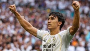 Gonzalo garcia raises his arms while acknowledging the crowd after his lone goal helped Real Madrid beat Juventus, 1-0, at their FIFA Club World Cup round-of-16 match on Tuesday. Madrid vs Juventus sees Los Blancos in Club World Cup quarters