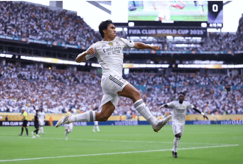 Gonzalo Garcia leaps while pumping his fist after celebrating his lone goal helped Real Madrid beat Juventus, 1-0, at their FIFA Club World Cup round-of-16 match on Tuesday.  Madrid vs Juventus sees Los Blancos in Club World Cup quarters