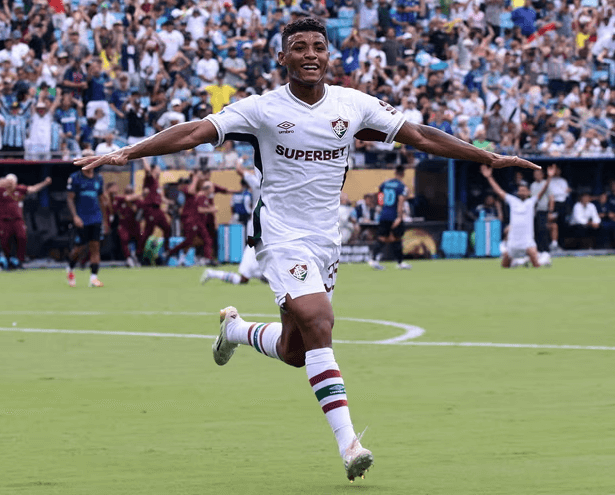 Fluminense's Hercules girns and raises his arms in celebration after scoring his team's second goal in added time vs Inter Milan in a FIFA Club World Cup 2025 match on Monday. Inter vs Fluminense ends in Brazilian upset in Club World Cup
