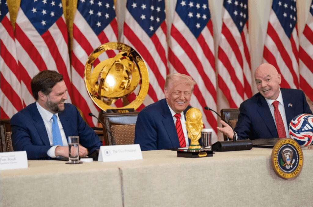 US Vice-President JD Vance (left) President Donald Trump (middle) and FIFA president Gianni Infantino (right) smile for the cameras at a FIFA Club world Cup news conference in May. FIFA gets groups' 'deep concern' letter on US' World Cup hosting