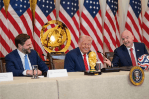US Vice-President JD Vance (left) President Donald Trump (middle) and FIFA president Gianni Infantino (right) smile for the cameras at a FIFA Club world Cup news conference in May. FIFA gets groups' 'deep concern' letter on US' World Cup hosting