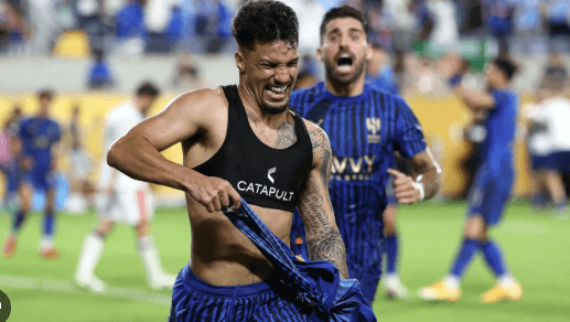 Marcos Leonardo waves his shirt and runs to the field in celebration after scoring his second goal for Al Hilal vs Man City in the FIFA Club World Cup round of 16 match on Monday, Man City ousted after Al Hilal advances in Club World Cup thriller