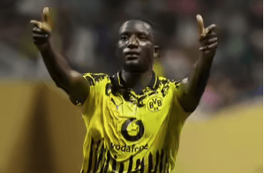 Serhou Guirassy raises his arms in celebration after scoring a brace for Borussia Dortmund in their Club Wolrd Cup round-of-16 match against Monterrey on Tuesday. Dortmund vs Monterrey sees Germans reach Club World Cup last 8