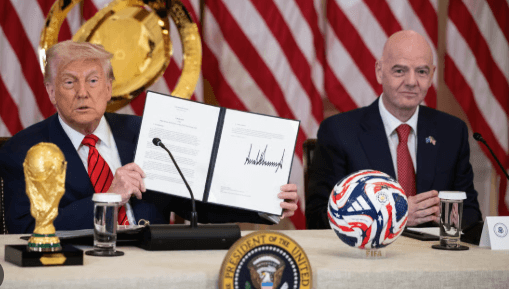 US President Donald Trump (left) and FIFA president Gianni Infantino (right) share a light moment after a signing ceremony for World Cup 2026 in file photo. Trump's immigration policy to hurt Canada co-hosting World Cup