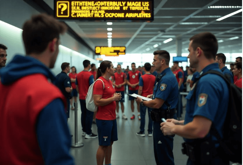 Immigration personnel (blue, right) question some players (red, in left) upon entry at an airport in file photo.  Trump's immigration policy to hurt Canada co-hosting World Cup