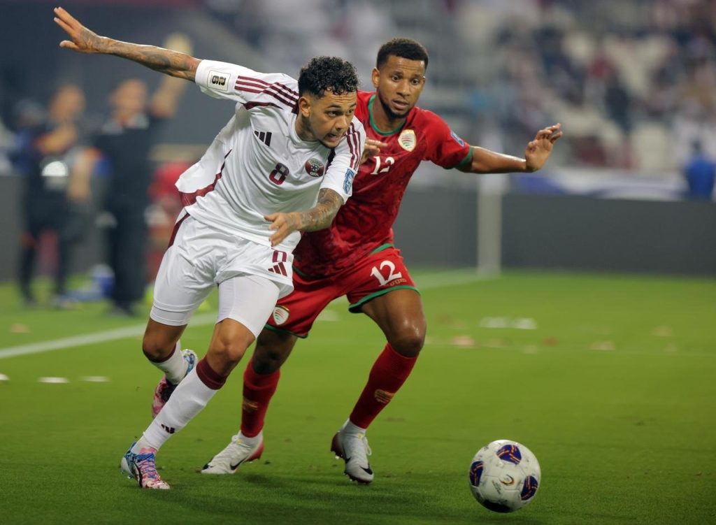 The Oman (in red) vs Qatar 9in white) score ended with a goalless draw, with Qatar's numerous shot attempts failing to break the deadlock in this Group A fixture at Ar-Rayyan. Photo by Twitter/@PeninsulaQatar