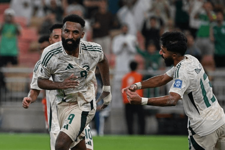 Firas Al Brikan (9) reacts after scoring the opening goal for Saudi Arabia vs Indonesia on October 9, 2025.