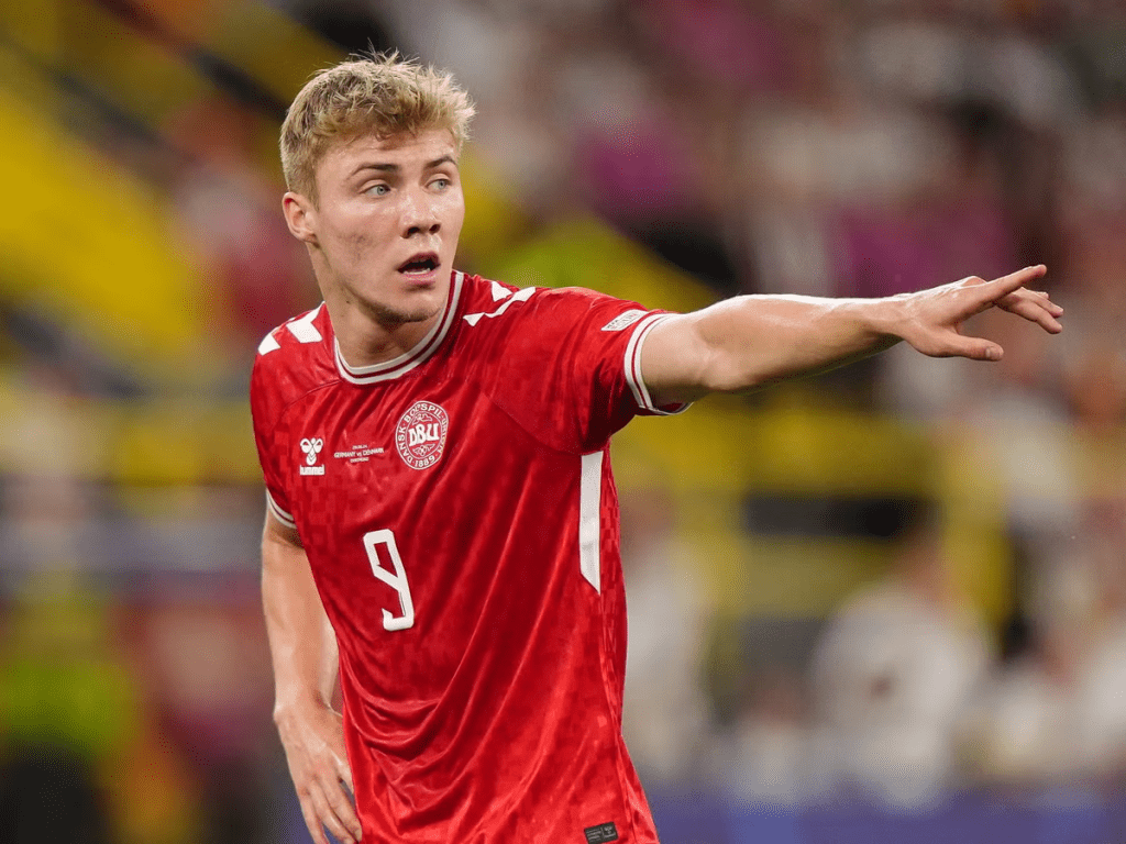 Rasmus Hojlund leads Denmark with three goals in the team's last three matches.