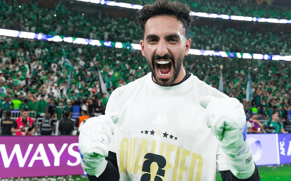 Goalkeeper Nawaf Al Aqidi roars to celebrate Saudi Arabia's return to the World Cup for the third-straight time and seventh overall.