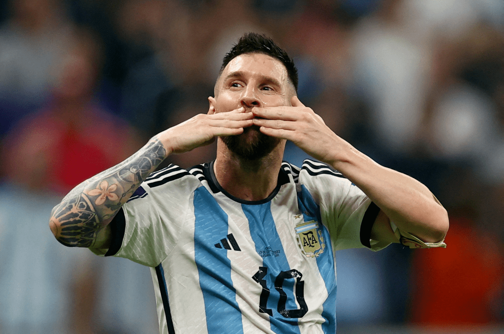 Lionel Messi blows a kiss to the crowd while playing for Argentina at the World Cup qualifiers in September 2025.