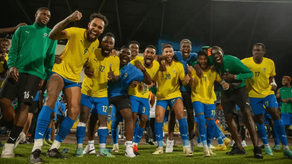 Players from Gabon celebrate after posting a 2-0 win over Burundi in their CAF World Cup October quaifying match on October 13, 2025.