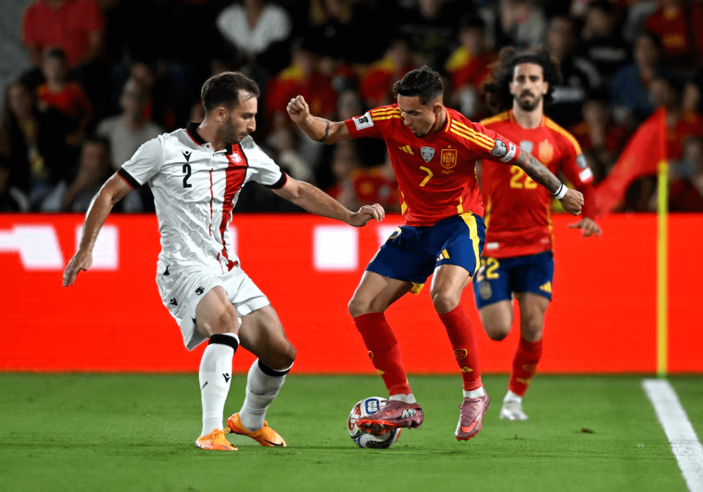 Alvaro Morata (7, right) and Spain look to extend its dominance over Otar Kakabadze (2, left) and Georgia in their head-to-head matchup.