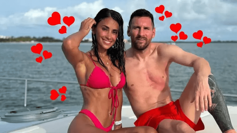 Antonela Rocusso (left) with hysbamd and Argentine football legend Lionel Messi (right).