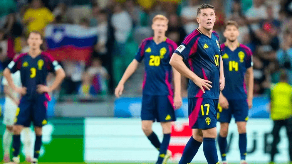 Sweden players look on the scoreboard during a break in its match against Slovenia in a World Cup qualiyfing match on September 2025.