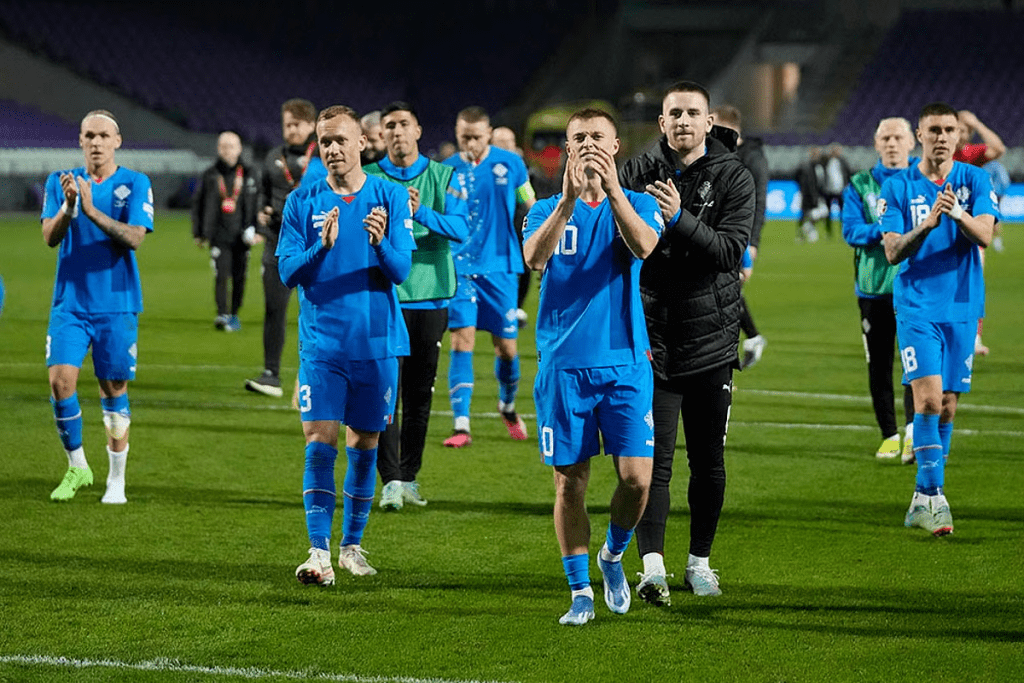 Albert Gudmundsson (10, middle) claps hid hands after a gallant effort by Iceland in file photo.