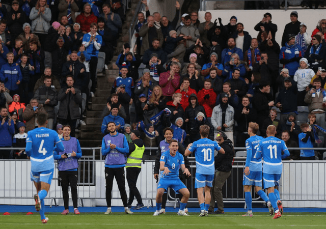 Iceland players gathered in the field for a light moment during its msth against Ukraine in the UEFA World Cup Qualifiers on November 17, 2025.