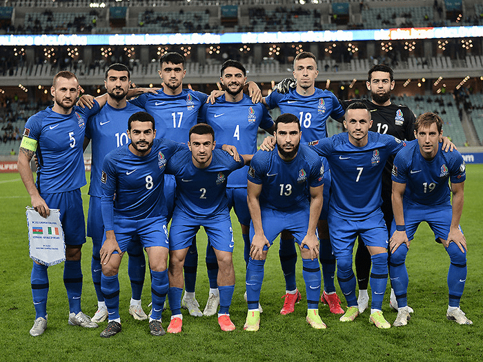 Members of the Azerbaijan men's football team pose for a photo prior to its match against France in the UEFA World Cup Qualifiers
