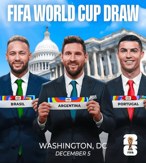 The 2026 FIFA World Cup Groups Draw pn December 5, 2025 is expected to be a star-studded affair with superstars Neymar (left), Lionel Messi (middle) and Cristianpo Ronaldo (right) possibly attending.