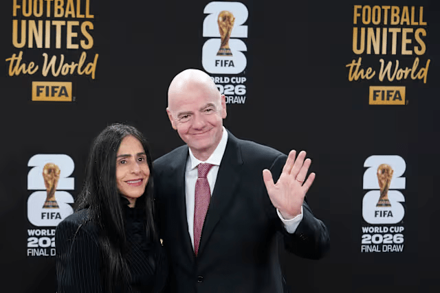 FIFA President Gianni Infantino (right) and his wife Leena Al Ashqar (left) attended the World Cup 2026 final draw at the Kennedy Center in Washington, USA.
